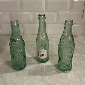 Three Vintage Soda Glass Bottles 50’s 60’s Spur, Good Grape & Coca-Cola